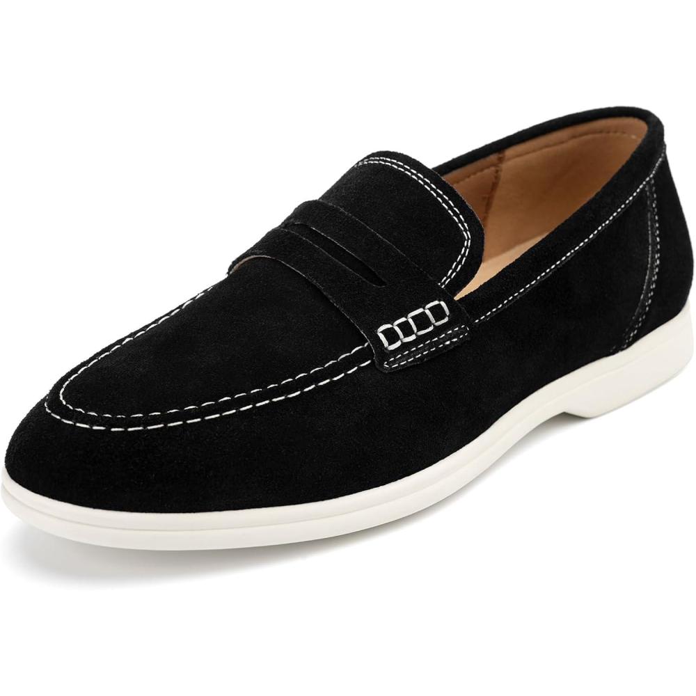 imageMeijiana Mens Genuine Leather Loafers SlipOn Moccasins Suede Dress Shoes Lightweight and Breathable with Rubber Sole Stylish Mens LoafersBlack