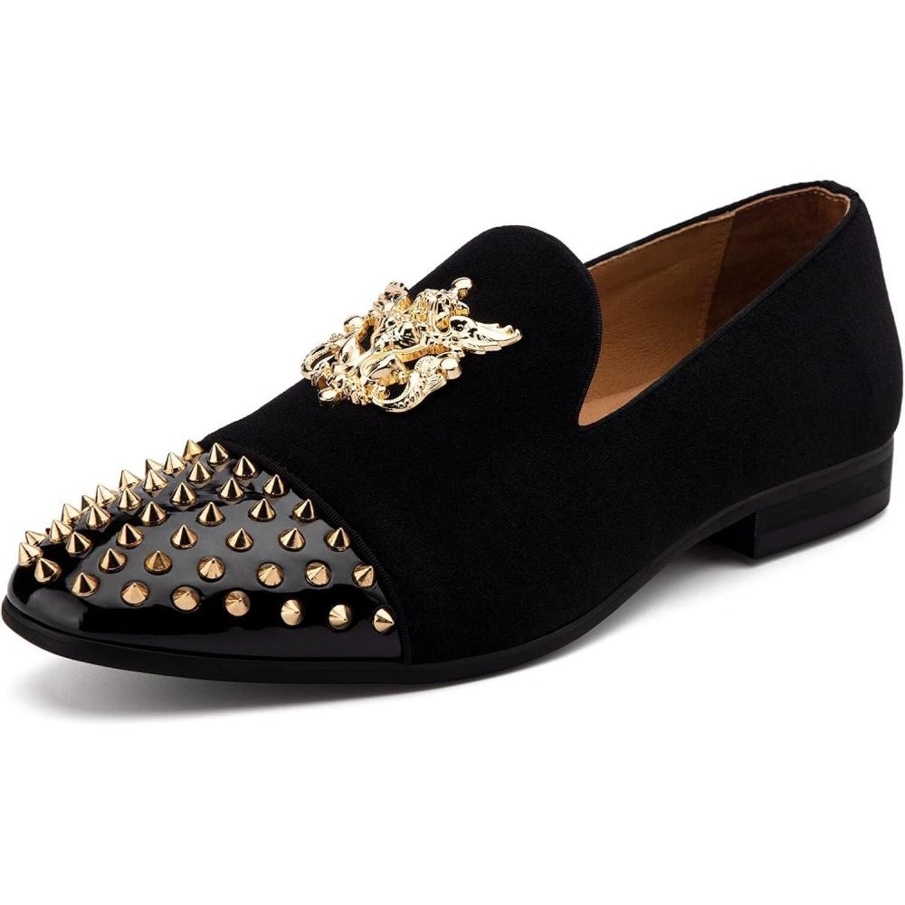 imageMeijiana Mens Velvet Loafers Dress Shoes with Metal Embellishments Party Luxury Loafer ShoesBlack01