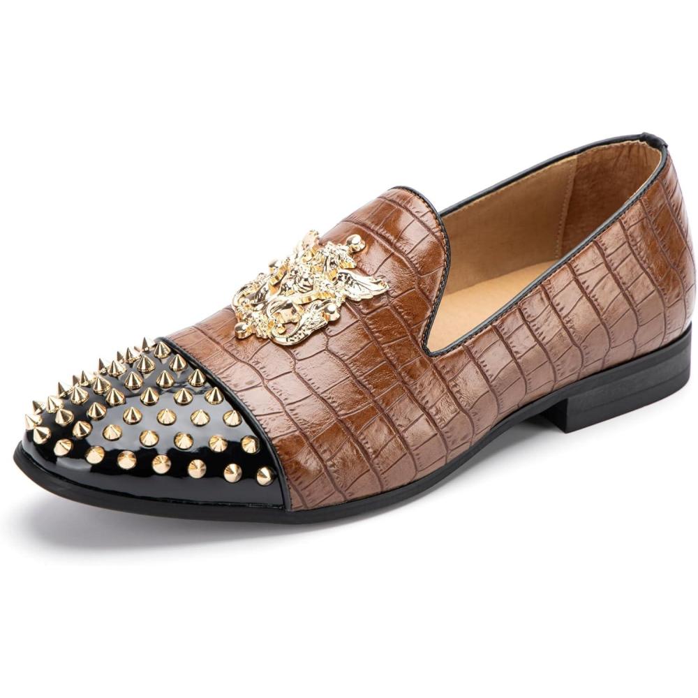 imageMeijiana Mens Velvet Loafers Dress Shoes with Metal Embellishments Party Luxury Loafer ShoesBrown19