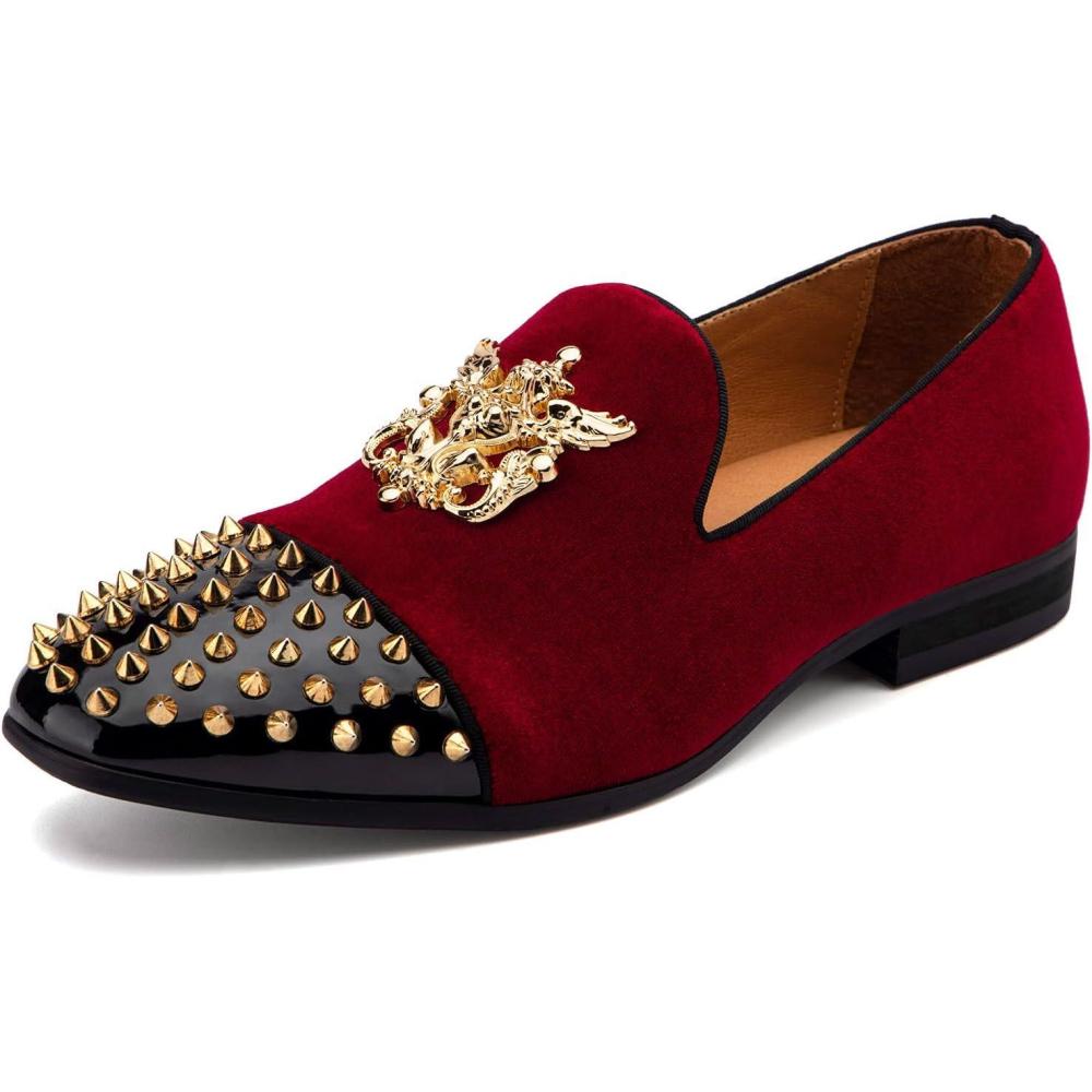 imageMeijiana Mens Velvet Loafers Dress Shoes with Metal Embellishments Party Luxury Loafer ShoesRed02