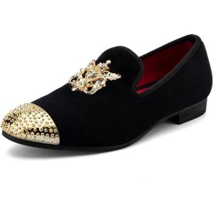Meijiana Mens Velvet Loafers Dress Shoes with Metal Embellishments Party Luxury Loafer Shoes(Black-04)