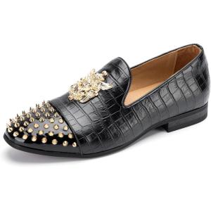 Meijiana Mens Velvet Loafers Dress Shoes with Metal Embellishments Party Luxury Loafer Shoes(Black-18)