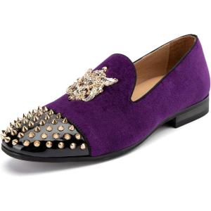 Meijiana Mens Velvet Loafers Dress Shoes with Metal Embellishments Party Luxury Loafer Shoes(Purple-11)