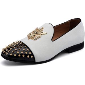 Meijiana Mens Velvet Loafers Dress Shoes with Metal Embellishments Party Luxury Loafer Shoes(White-03)