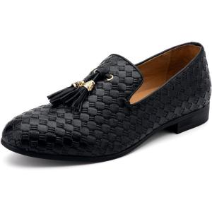 Meijiana Men Faux Leather Noble Loafer Shoes Slip-on Loafer Smoking Slipper Tassel Loafer(Black-03)
