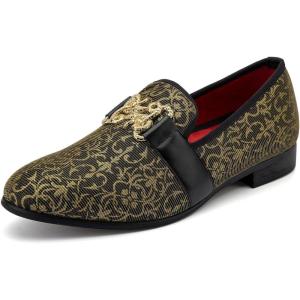 Meijiana Men’s Velvet Loafers – Fashion Casual Low-Heel Dress Shoes for Men with Rubber Sole & Metal Buckle – Perfect Business & Formal Attire, Stylish Mens Shoes(Gold-02)